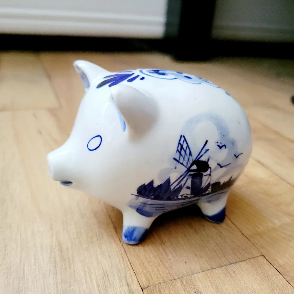 Vintage Handmade Delft Pottery Small Floral & Nautical Ship Dutch Piggy Bank
